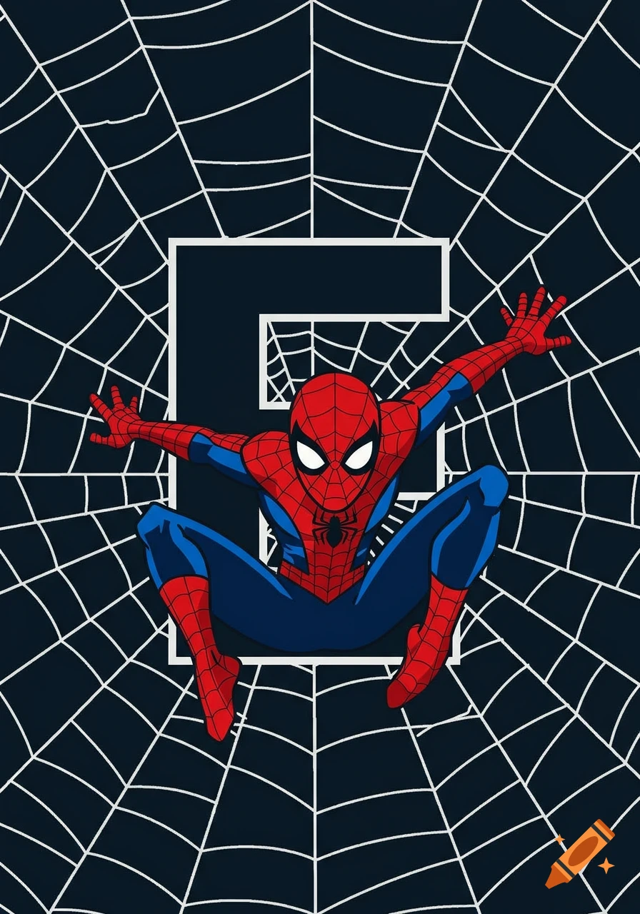 Spiderman in a crouching pose, against a dark background with a large white letter E and white spiderwebs.