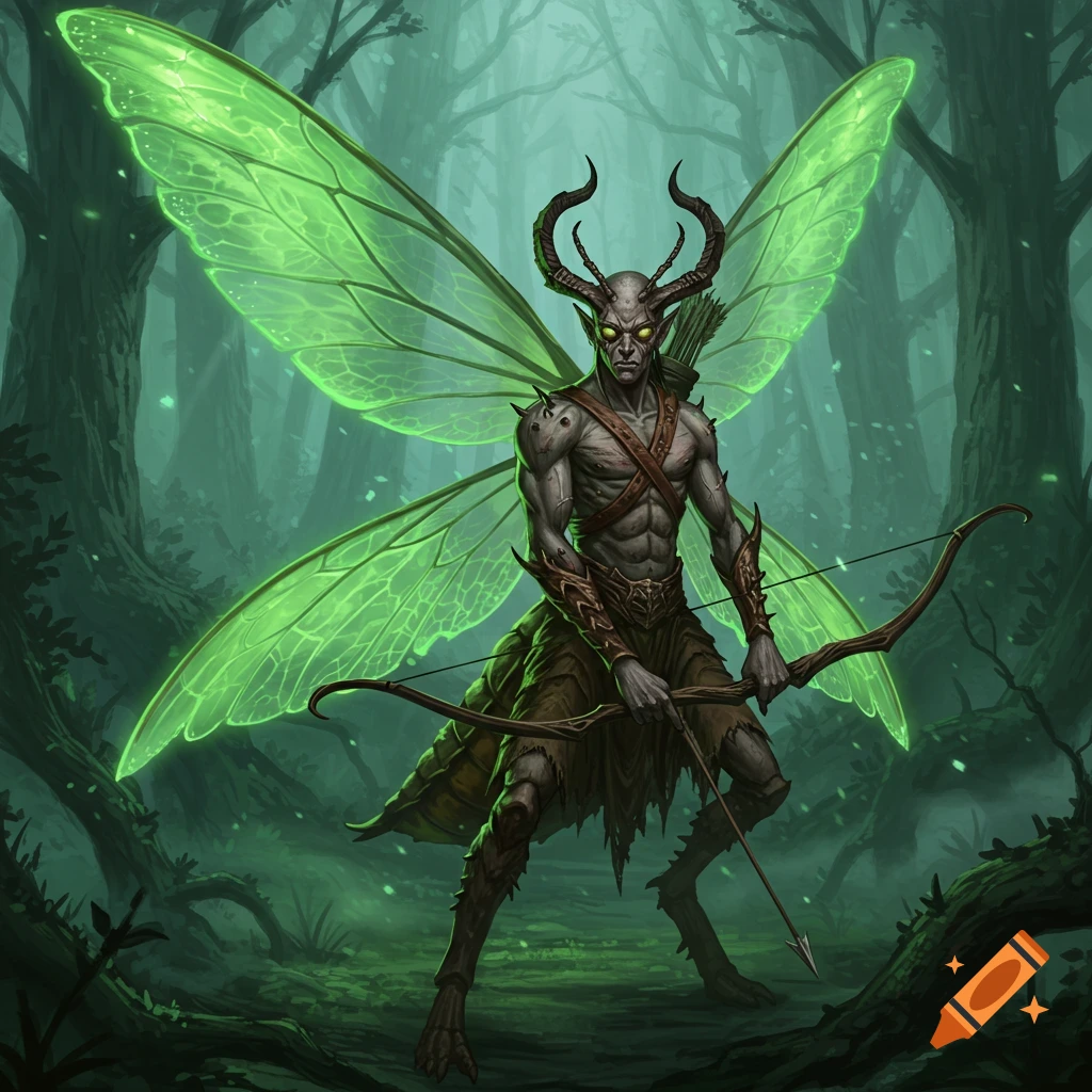 An intimidating male fairy with glowing green wings, horns, and a bow stands in a dark forest, in a Dungeons & Dragons style.