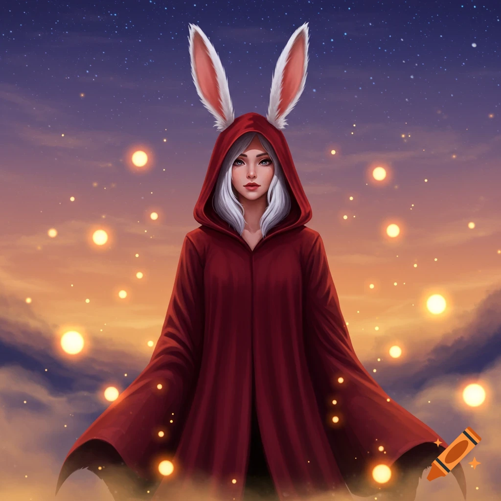 A female character with white hair and rabbit ears wears a red hooded ...