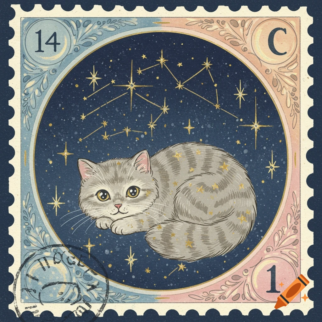 Illustration of a postage stamp with a gray tabby cat curled under a starry, celestial sky.