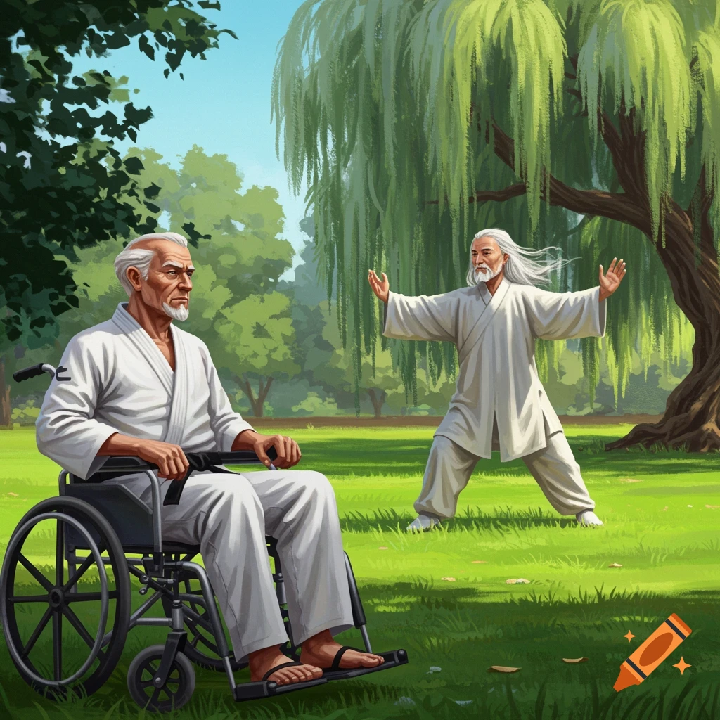 An illustration of an old man in a wheelchair watching another old man with long hair doing tai chi in a grassy park under a large willow tree.