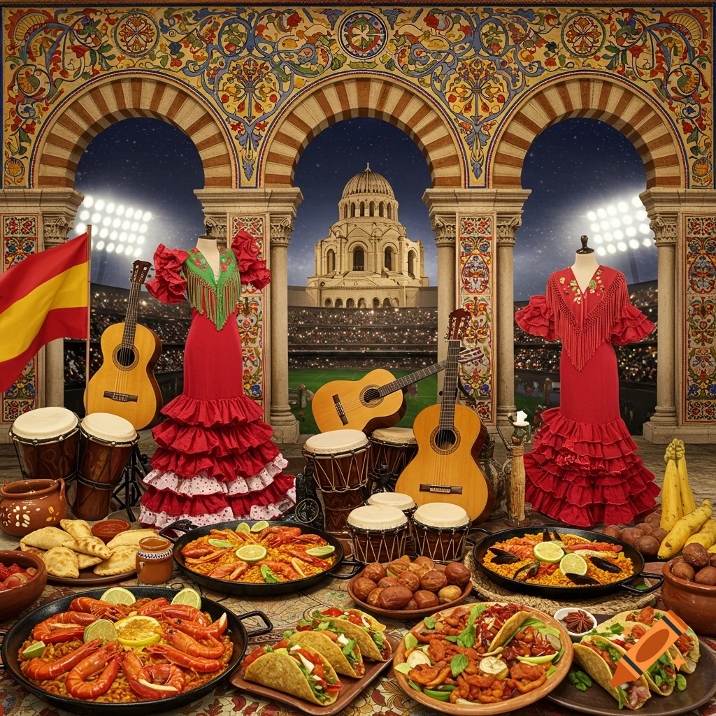 A vibrant collage of Spanish culture with paella, tacos, flamenco dresses, guitars, drums, a Spanish flag, and ornate architecture.