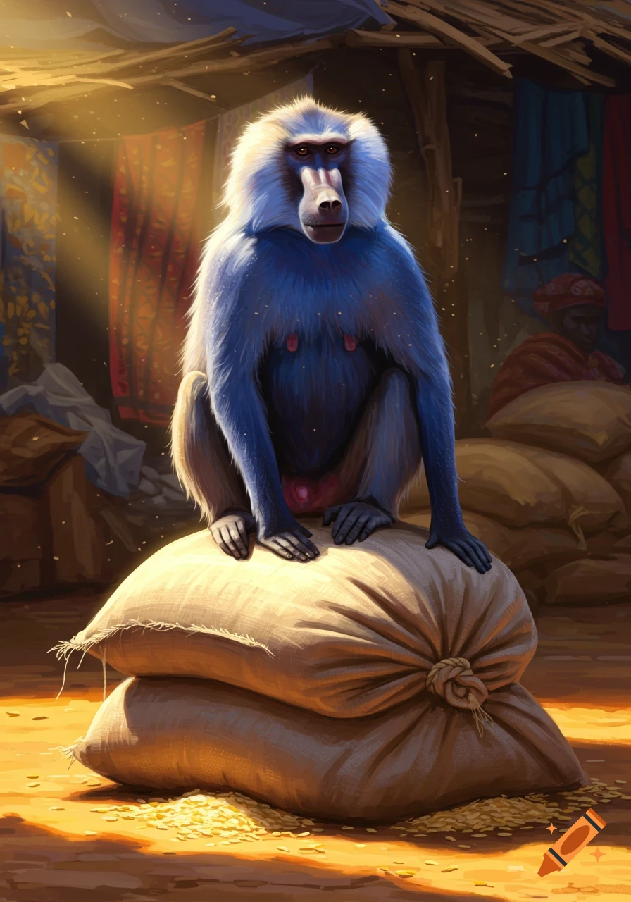 A blue baboon sits on two sacks of rice in a sunlit market stall, an illustration.