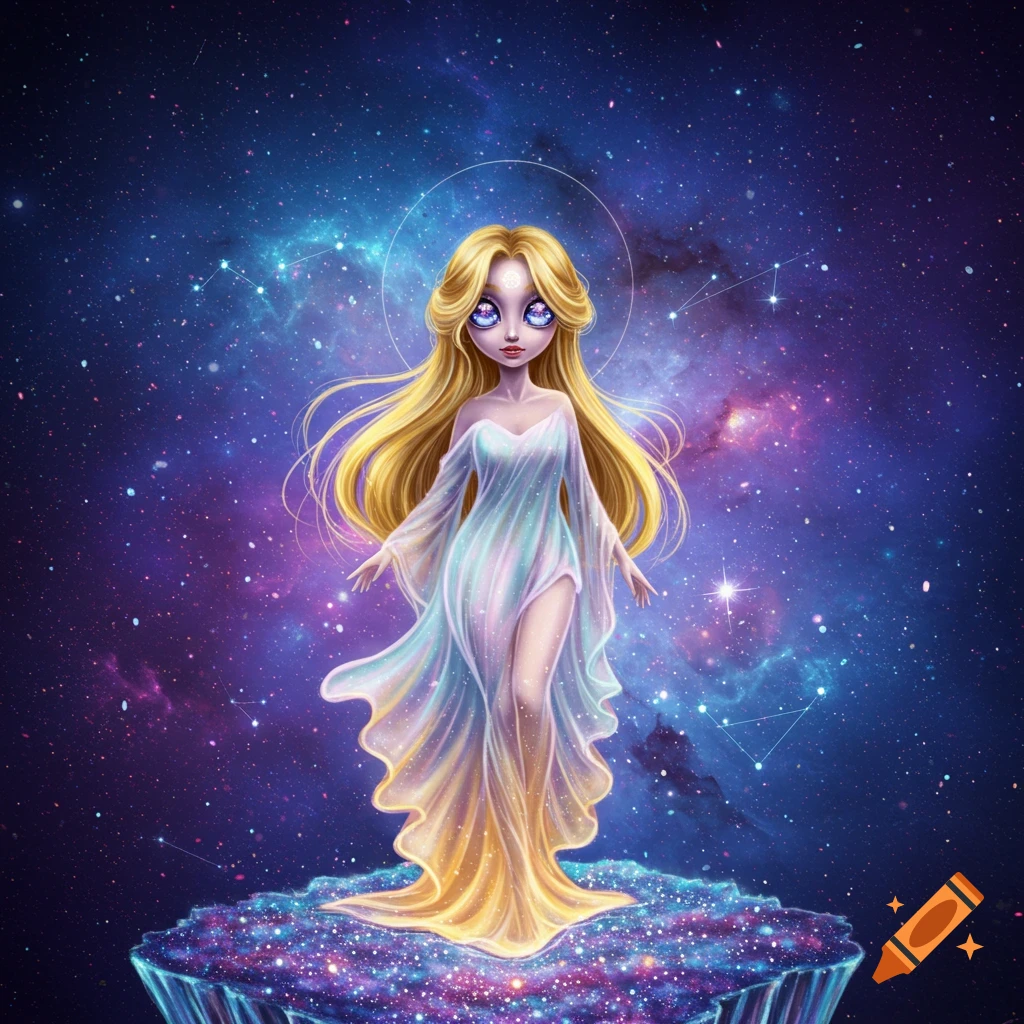 A woman with long blonde hair and a flowing, translucent dress stands on a glittering platform in a vibrant galaxy, cartoon style.