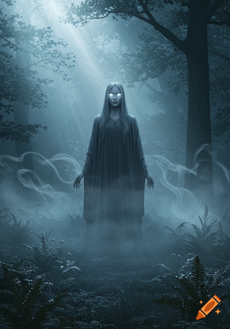 A ghostly figure with glowing white eyes stands in a misty, dark forest with light rays shining through the trees.