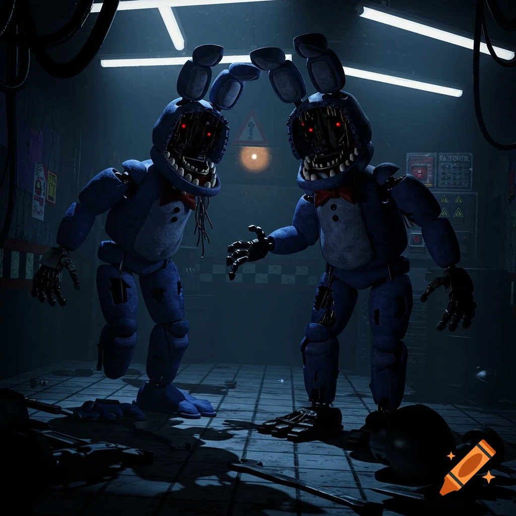 Two damaged blue animatronic rabbit figures, Withered Bonnie and Unwithered Bonnie, with glowing red eyes stand in a dimly lit, industrial-looking room.