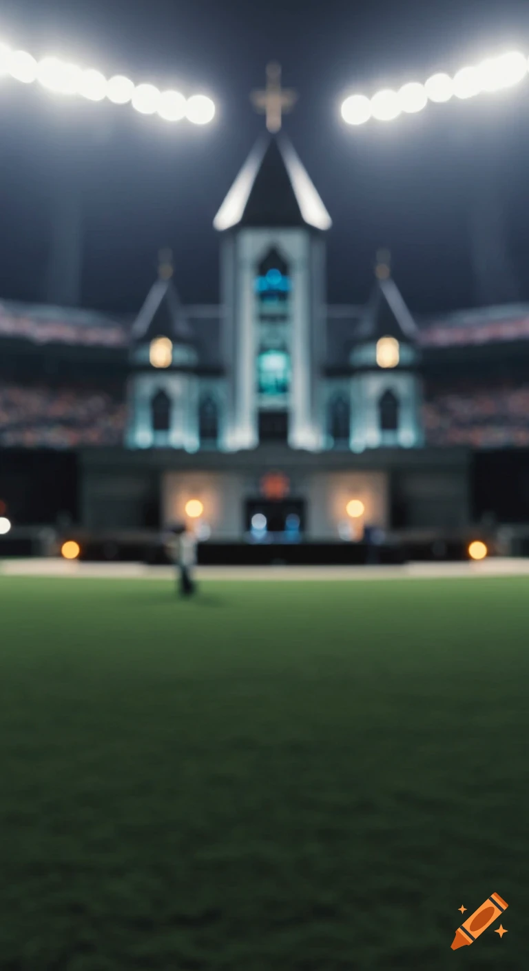 Blurry, dark photo of a large, stately building with a steeple and towers, illuminated by stadium lights over a green field at night.