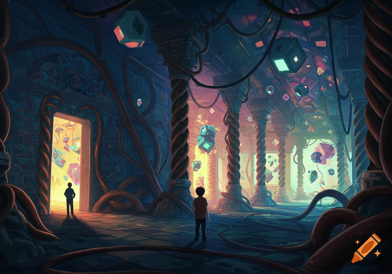 Two figures stand in a dark, fantasy room with twisted pillars and glowing geometric shapes, looking towards a bright, otherworldly doorway.