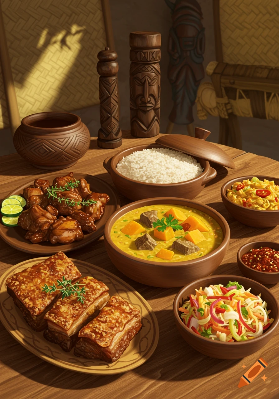 A table laden with Haitian dishes: rice, stew, fried pork, chicken, and salads, in a warmly lit, traditional setting.