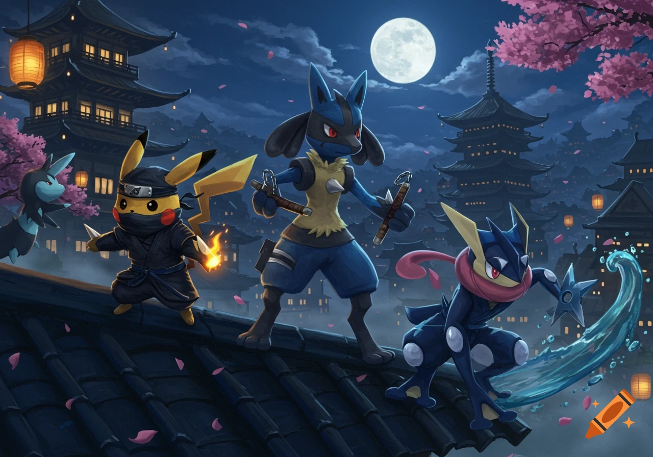 Pikachu, Lucario, Greninja, and another Pokemon as ninjas on a Japanese rooftop at night.