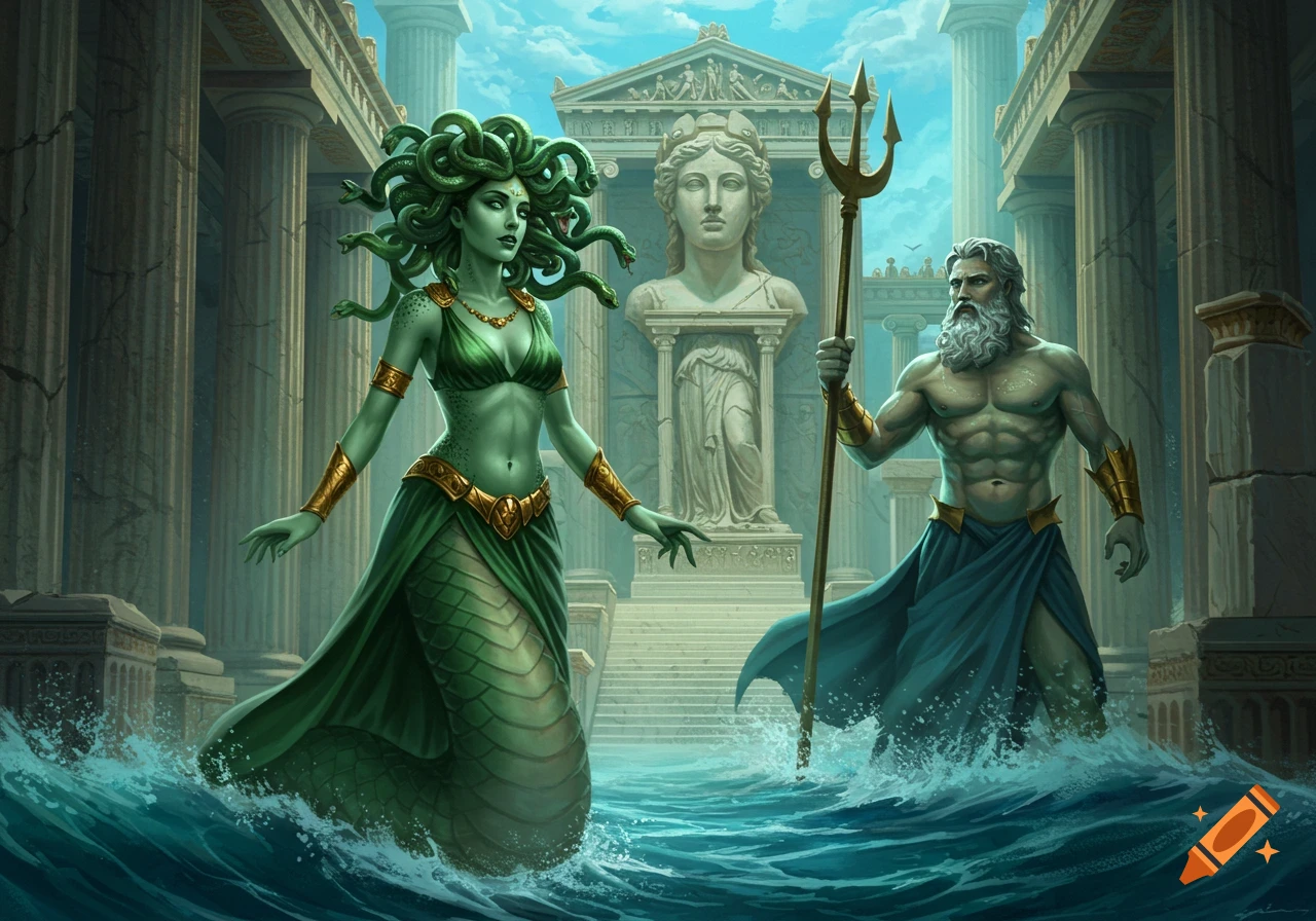 Medusa and Poseidon in an ancient temple with a statue of Athena, standing in swirling water.