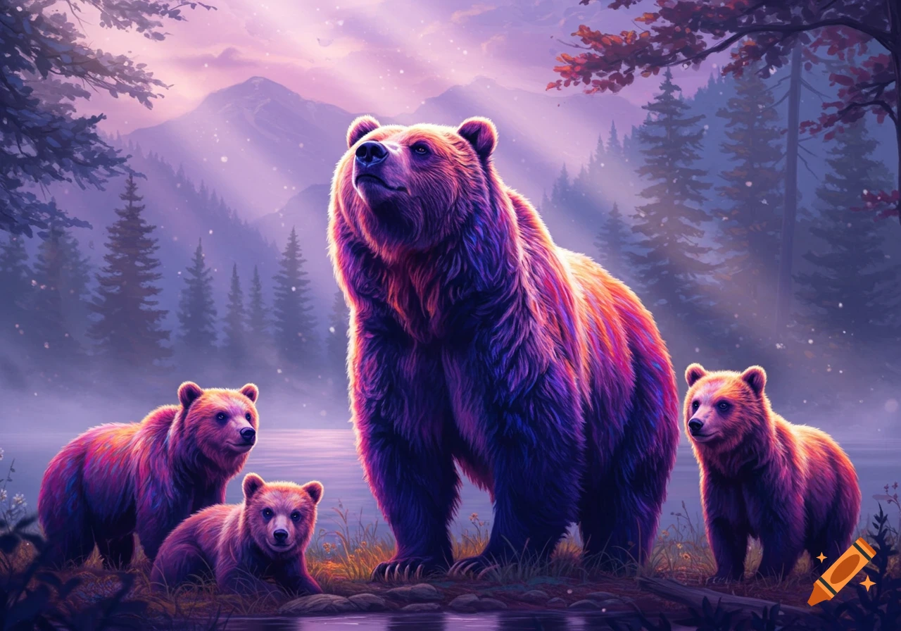 A technicolor bear family, with a large adult bear looking up, and three cubs, standing by water in a vibrant purple forest with mountains.