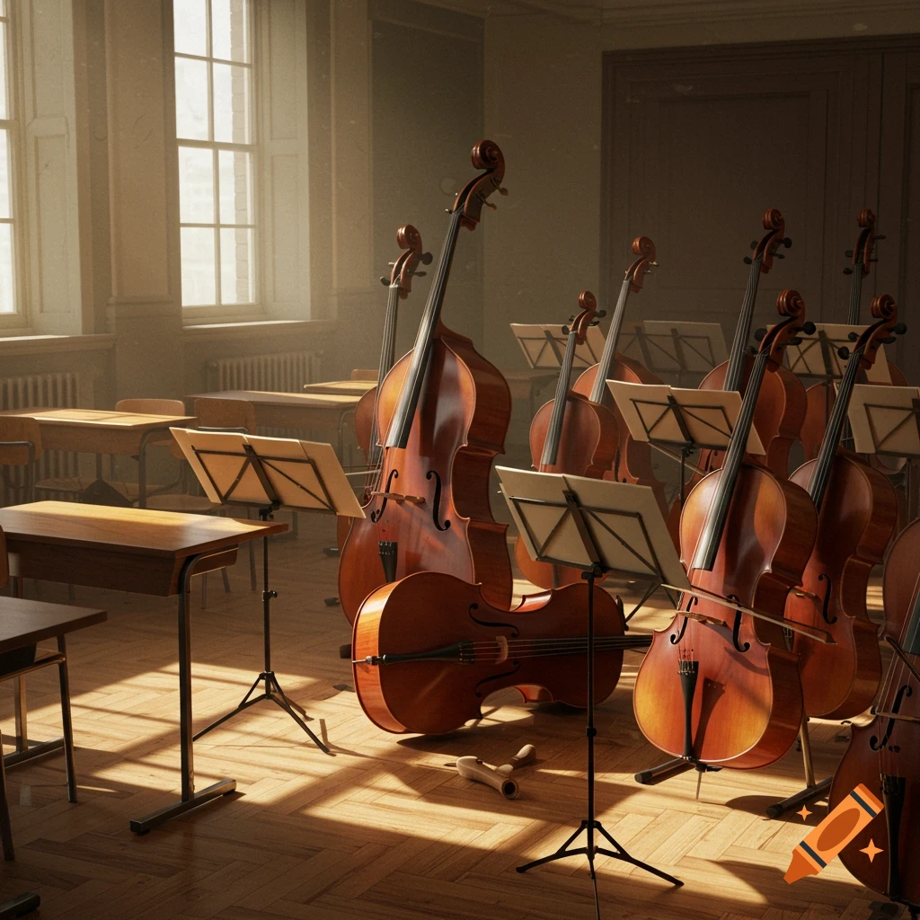 Photorealistic image of many string instruments, including basses and cellos, arranged in a sunlit classroom with wooden desks and windows.