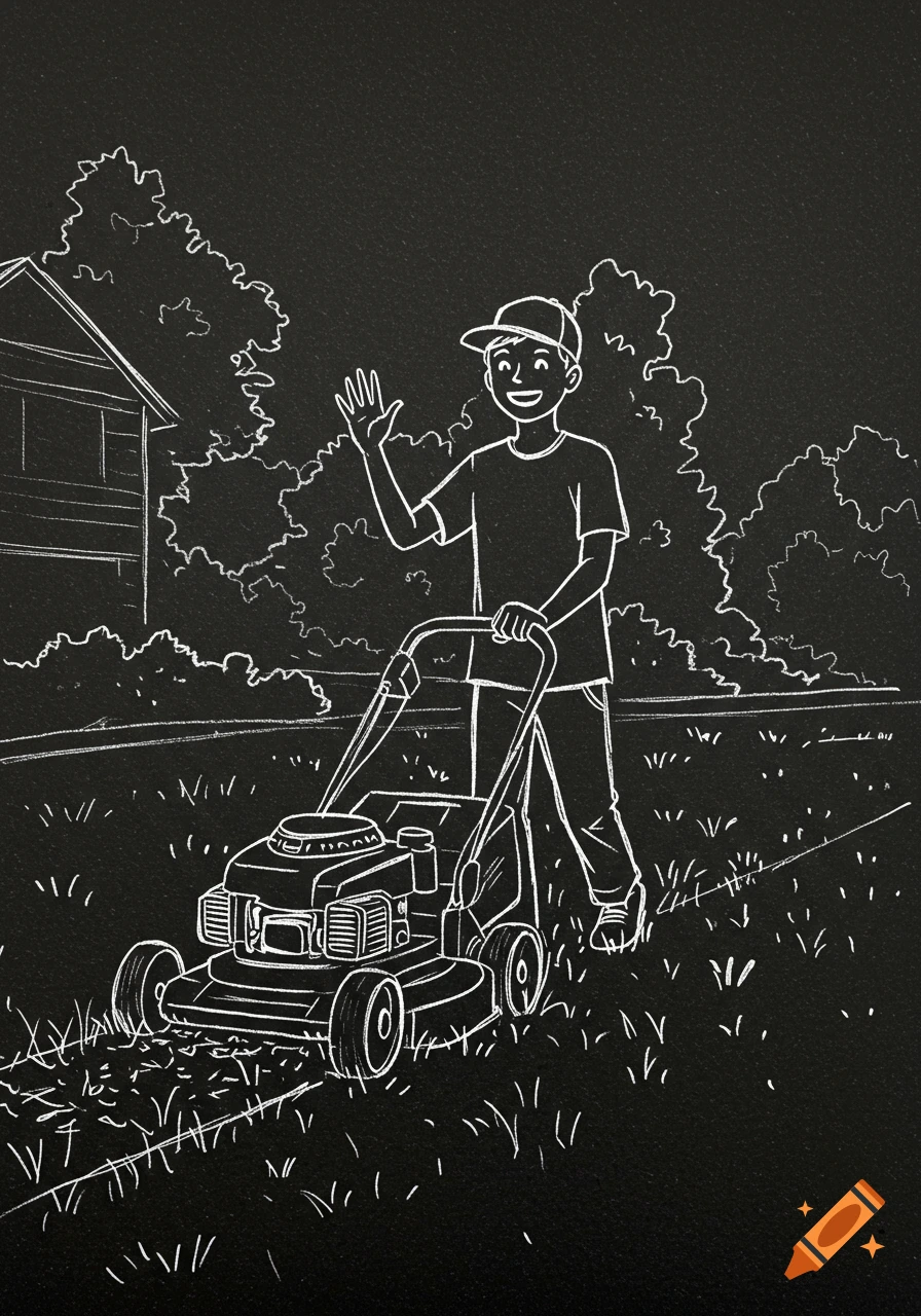 A teenage boy smiling and waving while mowing a lawn, depicted in a white chalk sketch style.