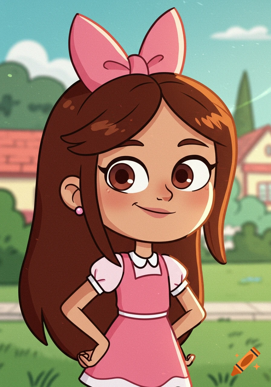 A cartoon girl with brown hair, a pink bow, and a pink dress smiles while standing outdoors.