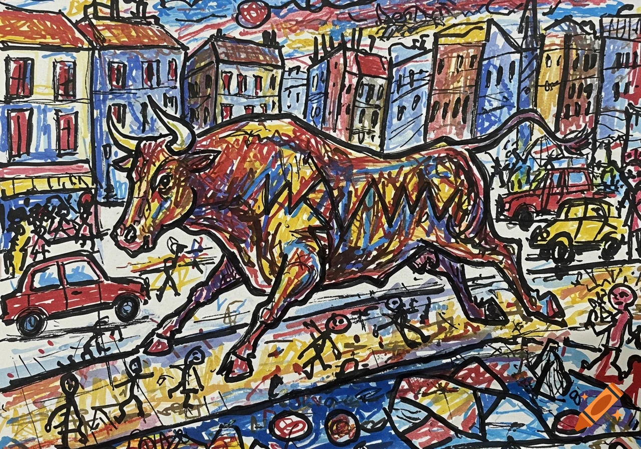 Colorful, abstract, childlike drawing of a bull running on a city street with buildings, people, and cars.
