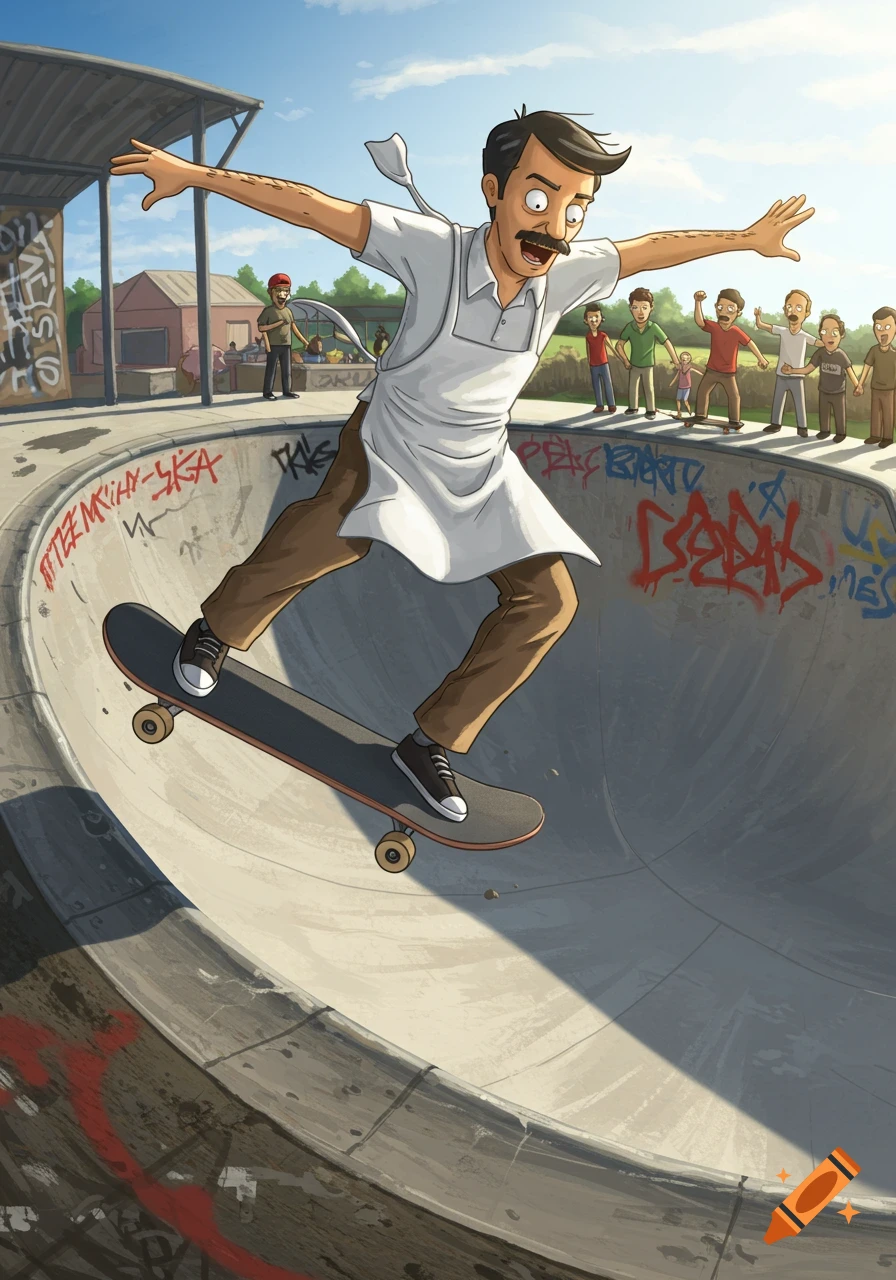 Bob Belcher from Bob's Burgers riding a skateboard in a concrete half-pipe with people watching in the background.