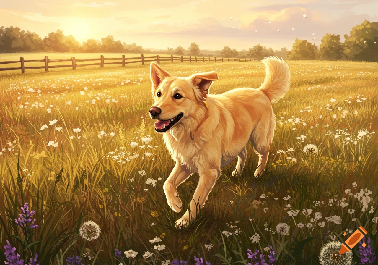 A golden dog runs through a sunlit field with wildflowers and a wooden fence in the background, illustrated in a warm, painterly style.
