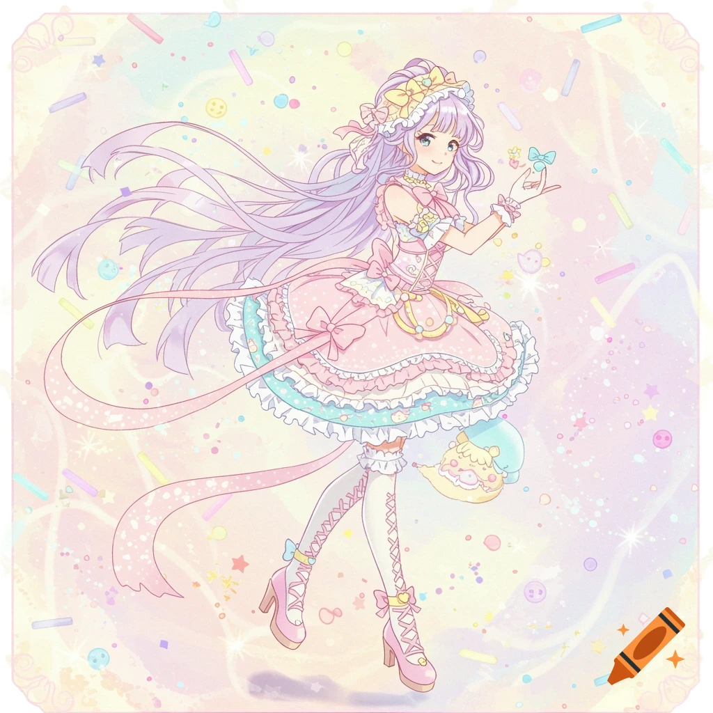 An anime illustration of a girl with long lavender hair in a frilly pink and blue dress, surrounded by pastel sprinkles and stars.