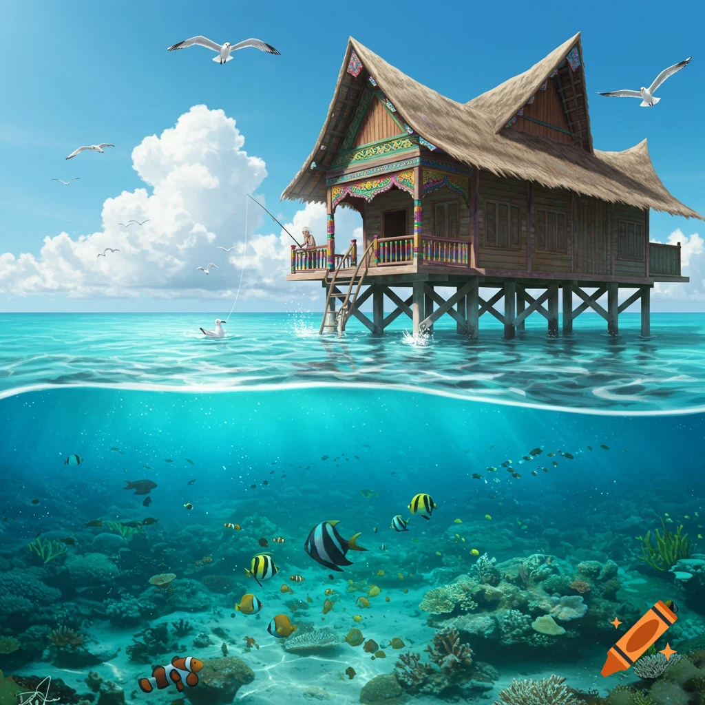 A colorful traditional Malay stilt house over clear turquoise water, showing an underwater view of coral and tropical fish, with a person fishing and seagulls flying.