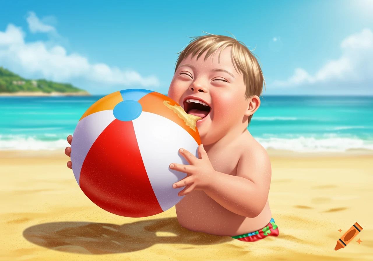 An illustration of a joyful child with Down syndrome on a sunny beach, holding a colorful beach ball to their mouth.