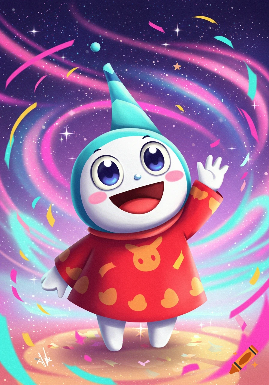 A happy cartoon character with a pointy blue head and large eyes, wearing a red tunic, waves amidst colorful confetti against a vibrant, swirling starry sky.