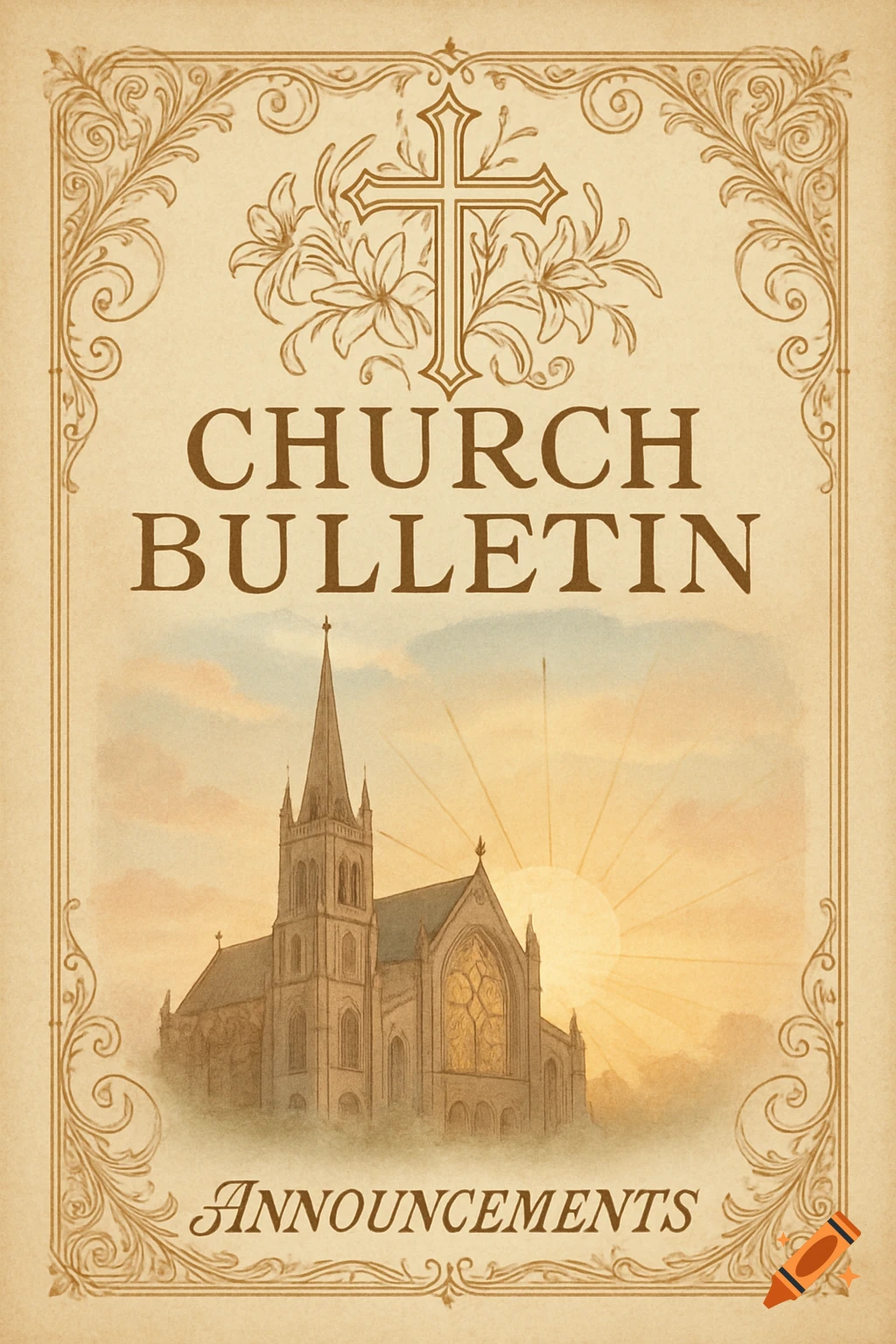Vintage church bulletin with a cross and lilies, a church building, and text reading 'Church Bulletin Announcements' against a sunset.