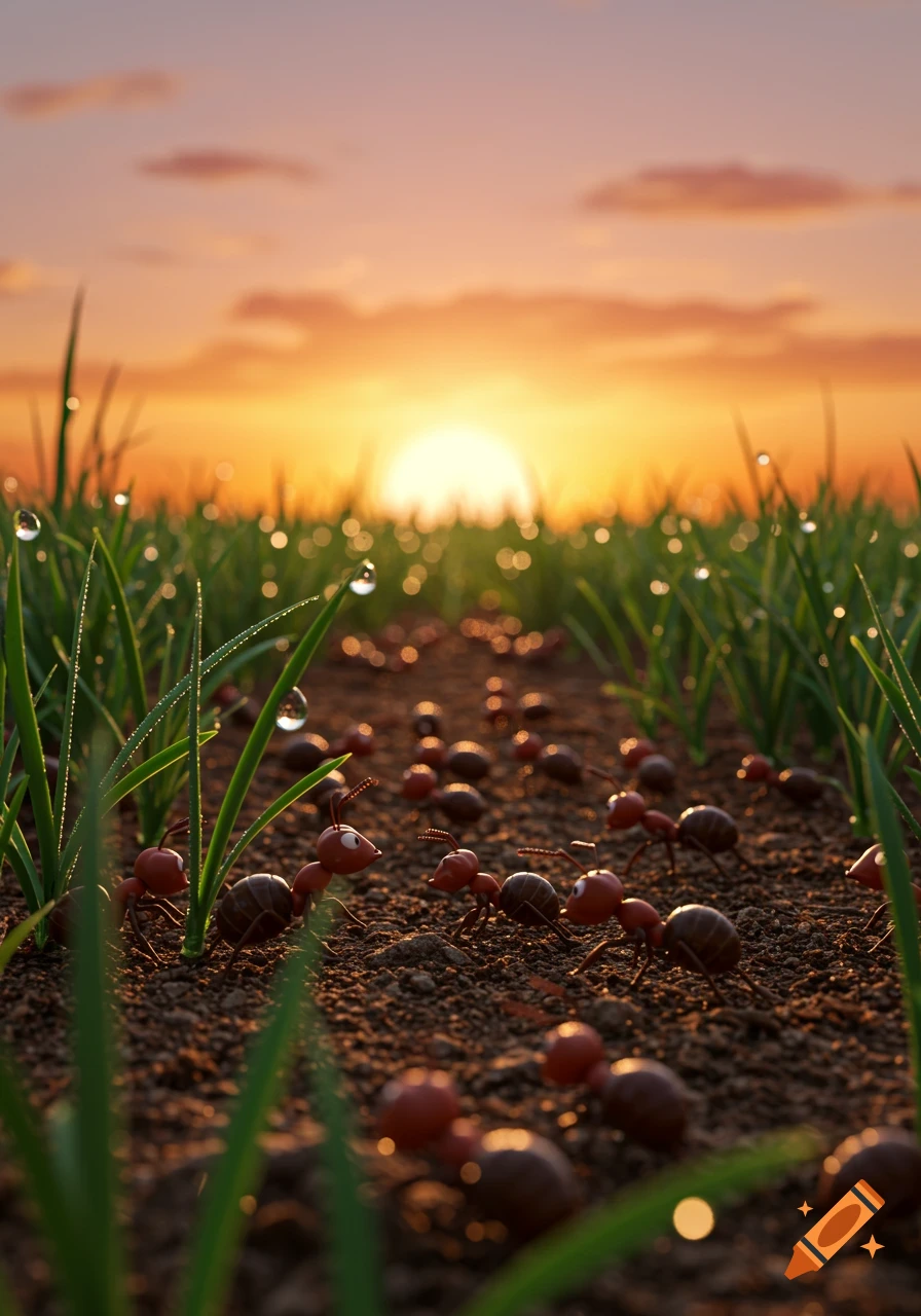 A low-angle, 3D Pixar style shot of cartoon ants walking on a dirt path through dewy grass at sunrise.