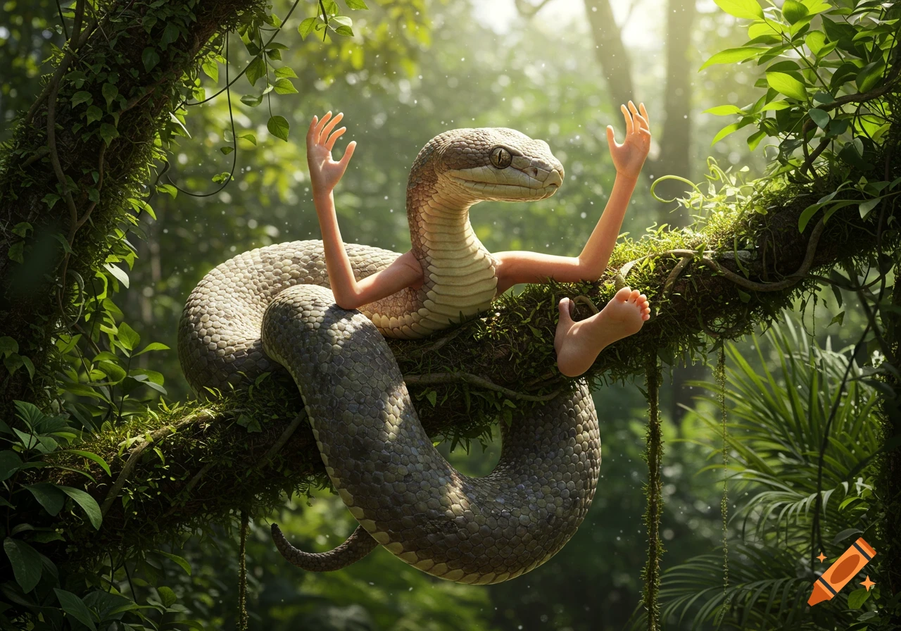 A realistic snake with human hands and feet sits on a mossy jungle branch, sunlight filtering through the leaves.