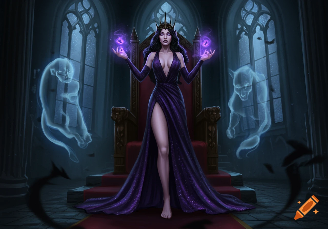 A dark fantasy digital art of an evil queen in a purple dress on a throne, summoning purple magic with two spectral animal figures.