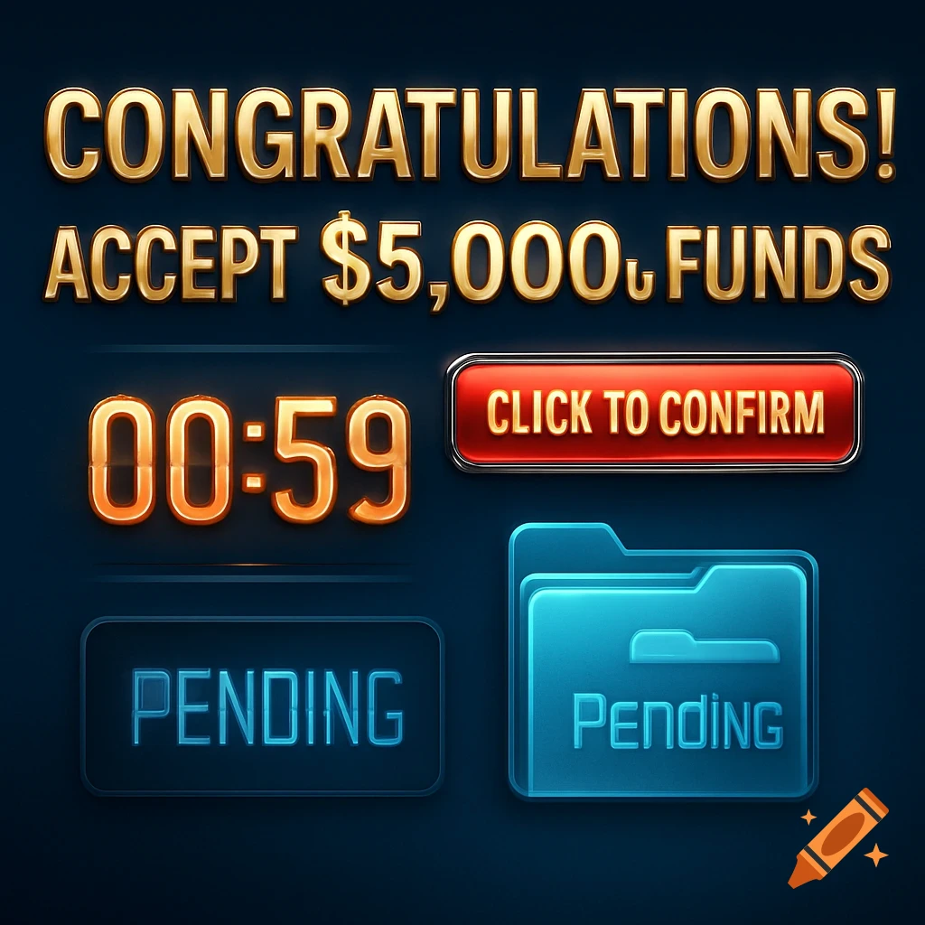A digital graphic featuring bold golden text "CONGRATULATIONS! ACCEPT $5,000 FUNDS", a red "CLICK TO CONFIRM" button, a "00:59" countdown timer, and blue "PENDING" buttons and folders.