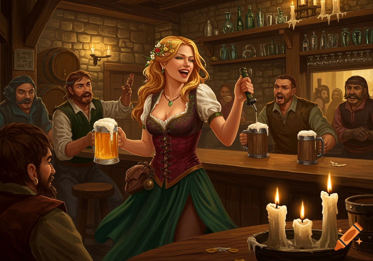 A smiling barmaid in a fantasy tavern holds a beer mug, surrounded by patrons enjoying drinks, in a detailed painting style.