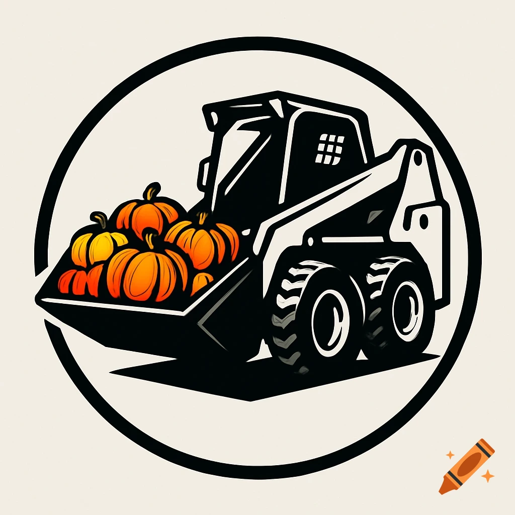 A stylized logo of a construction skid steer with its bucket full of orange pumpkins.