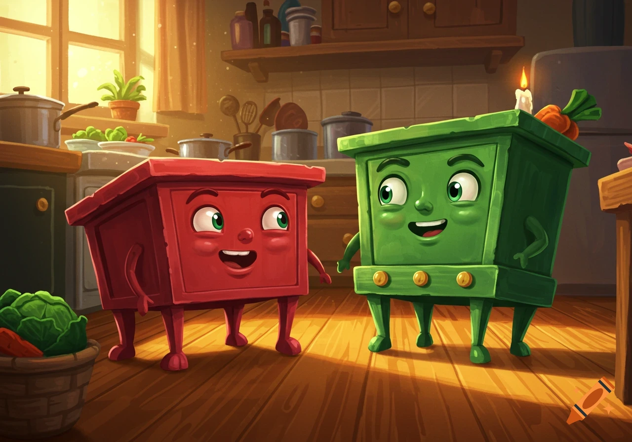 Two smiling, anthropomorphic cartoon tables, one red and one green, stand in a sunlit kitchen.