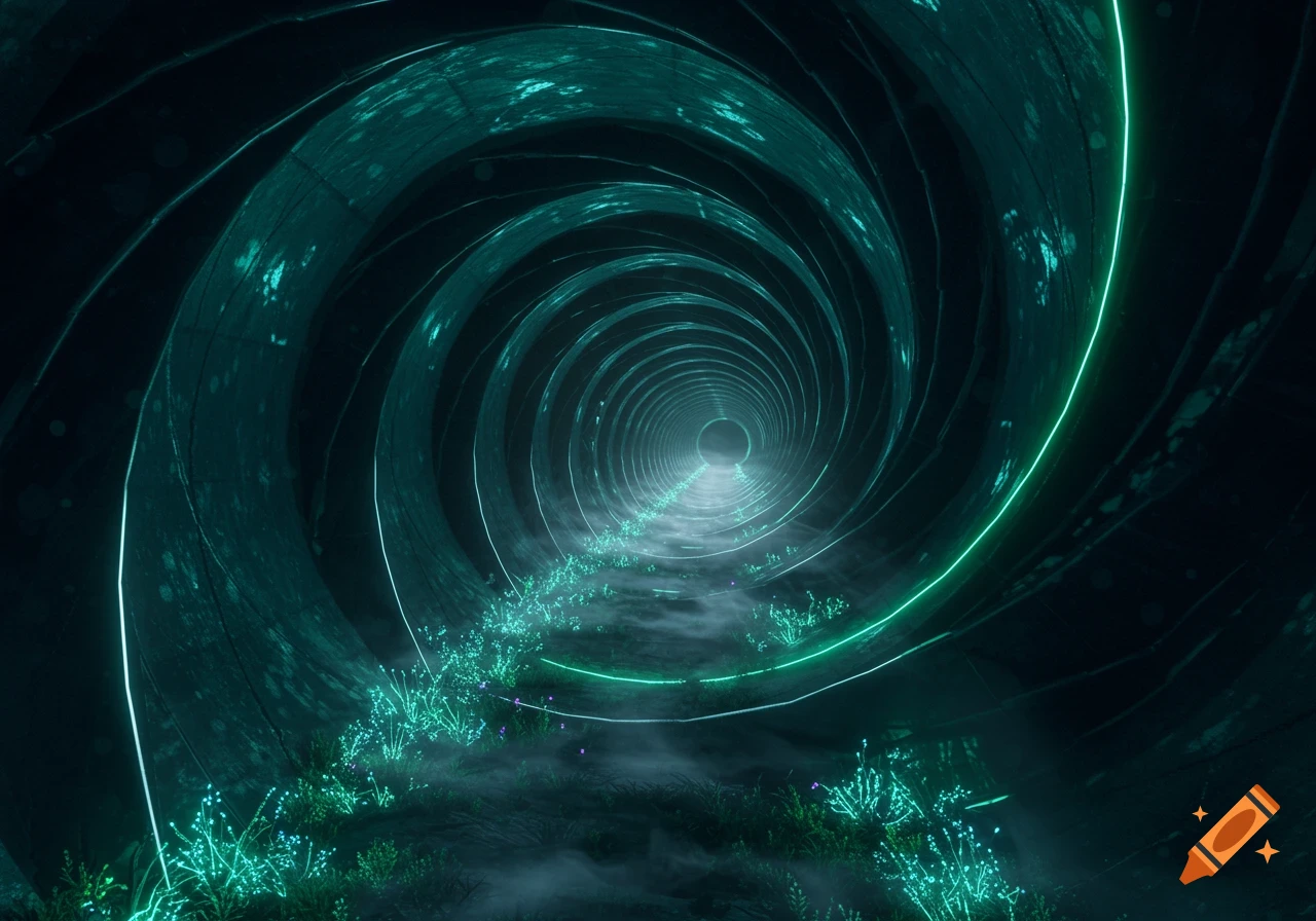 Dark spiral tunnel with glowing green lines, luminescent plants, and mist leading to a distant light.