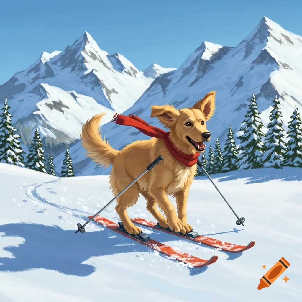 A golden dog wearing a red scarf skis down a snowy mountain slope with pine trees and blue sky.