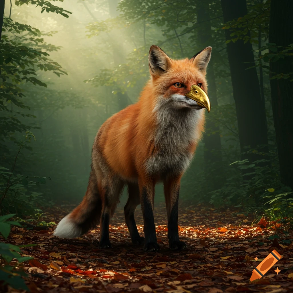 A photorealistic red fox with a golden beak stands on a leaf-covered forest path with misty sunlight.