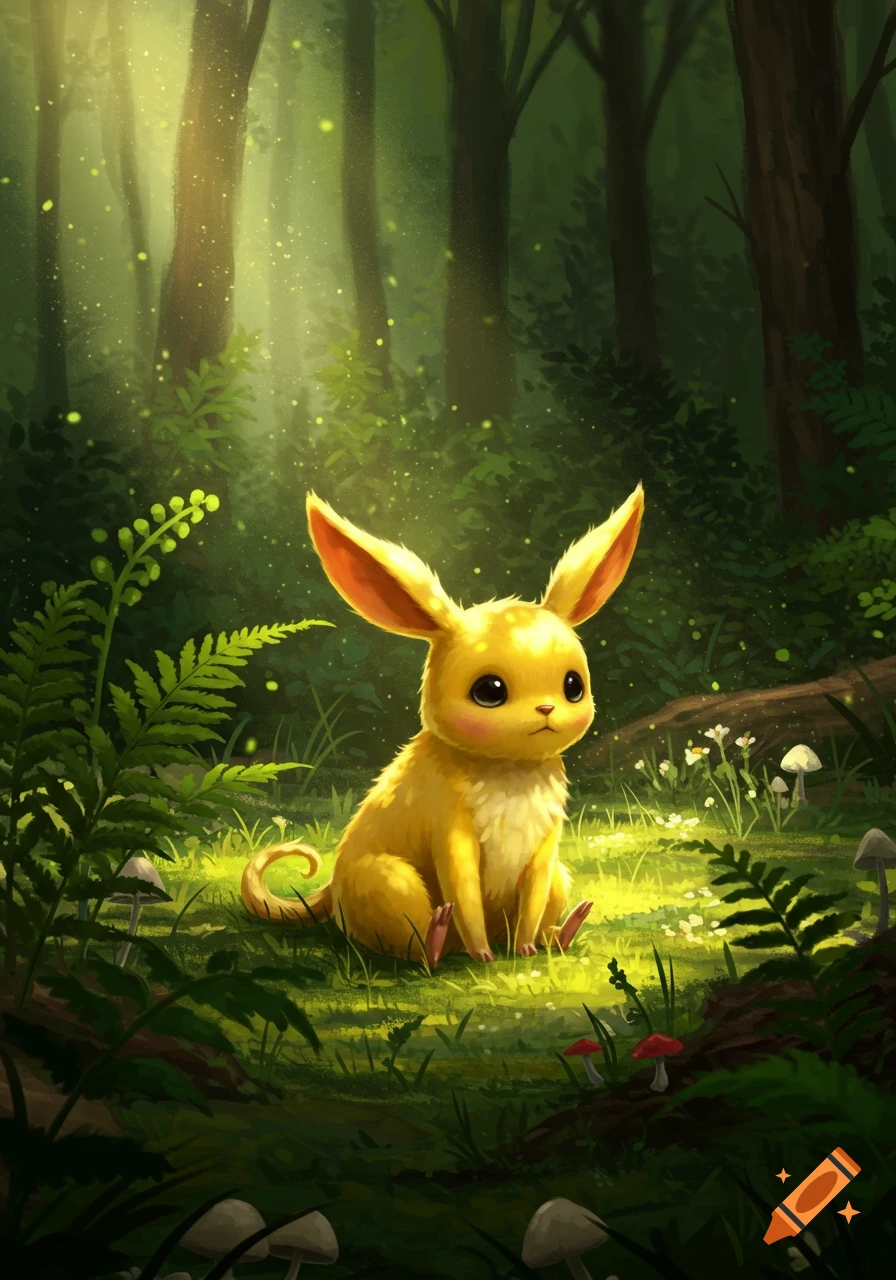 A cute yellow creature with large ears sits in a lush, sun-dappled forest with glowing particles.