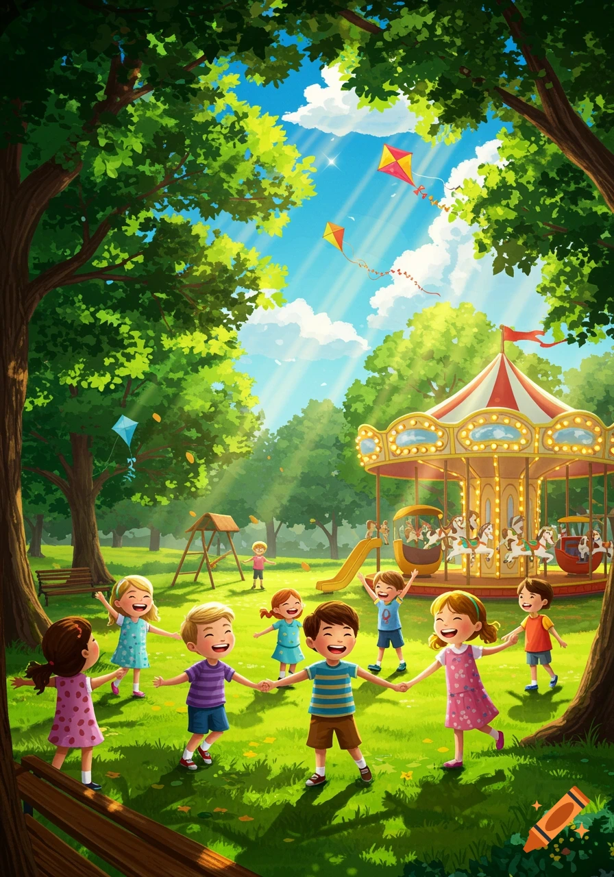 Happy children playing in a sunny park with a carousel and playground, kites flying in the sky. Cartoon style.