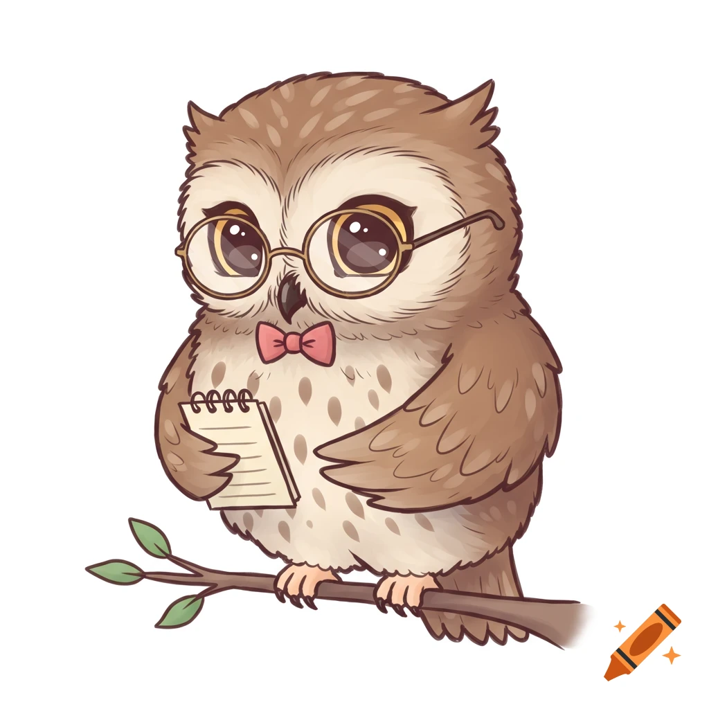 A cute cartoon owl wearing glasses and a pink bow tie, holding a notepad with lines, perched on a tree branch.