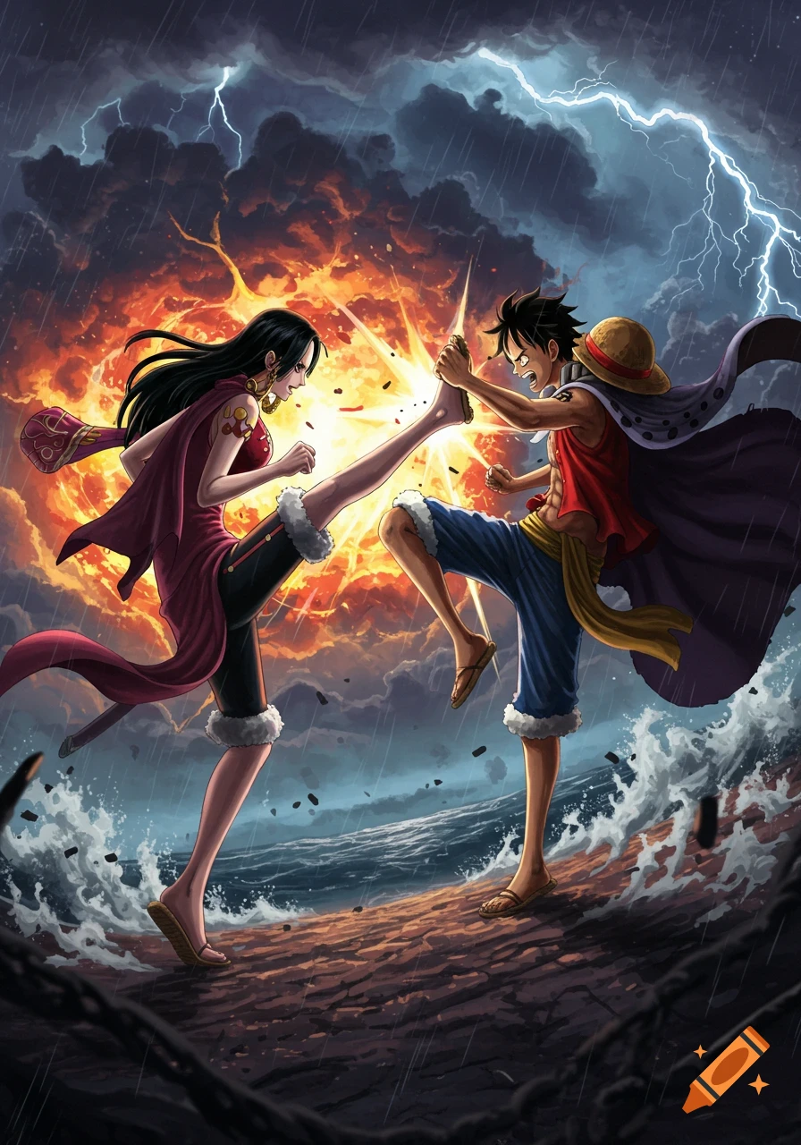 Anime characters Hancock and Luffy in a dynamic combat pose, kicking amidst a stormy sky with lightning and rain over a fiery explosion.
