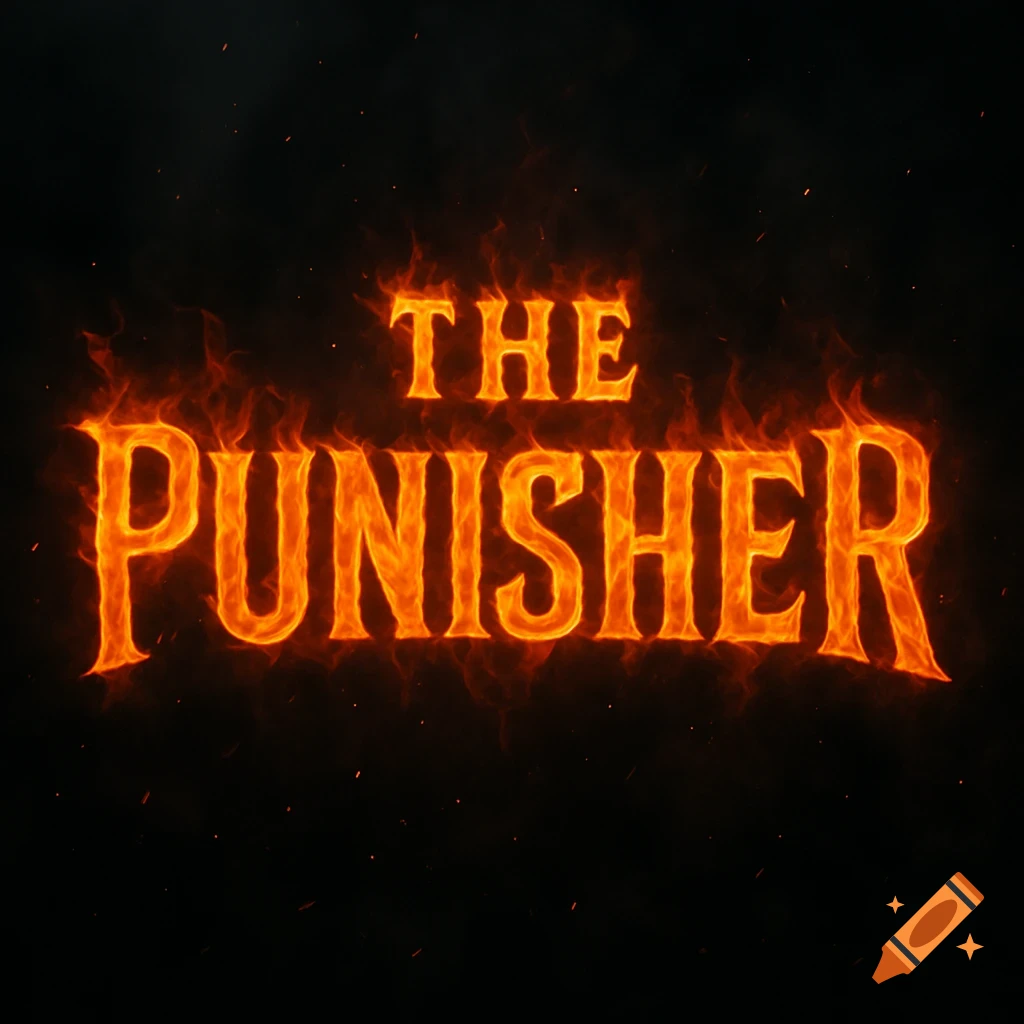 The Punisher text rendered in an orange fiery font against a dark, smoky background.