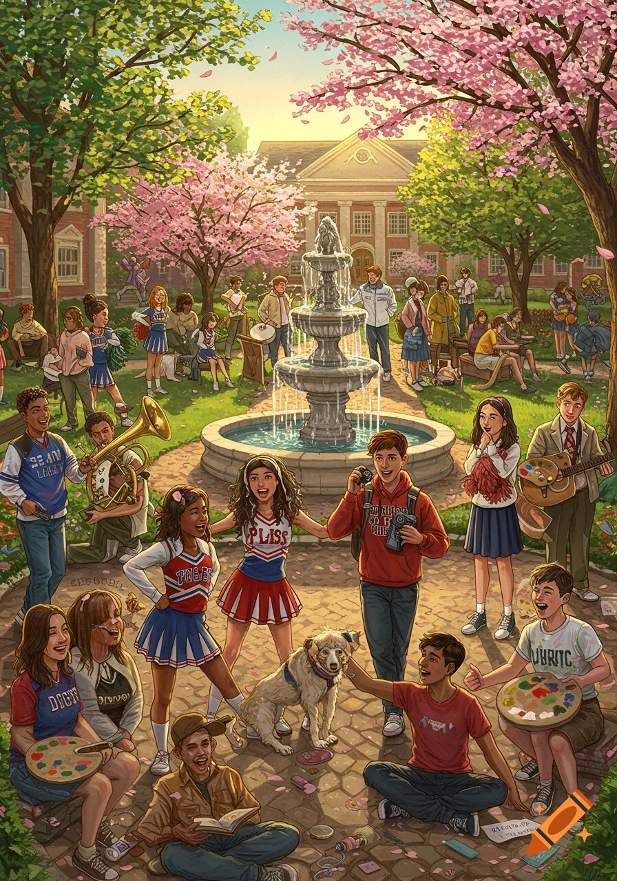 A vibrant illustration of high school students gathered in a sunny park with a fountain and pink cherry blossom trees, engaged in various activities like playing instruments, painting, and cheering.