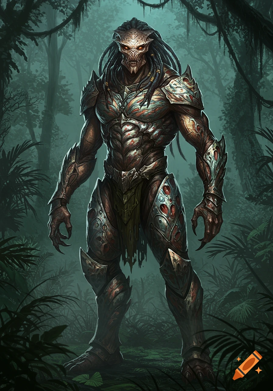 A formidable, armored alien creature resembling a Yautja stands in a dense, dark jungle.