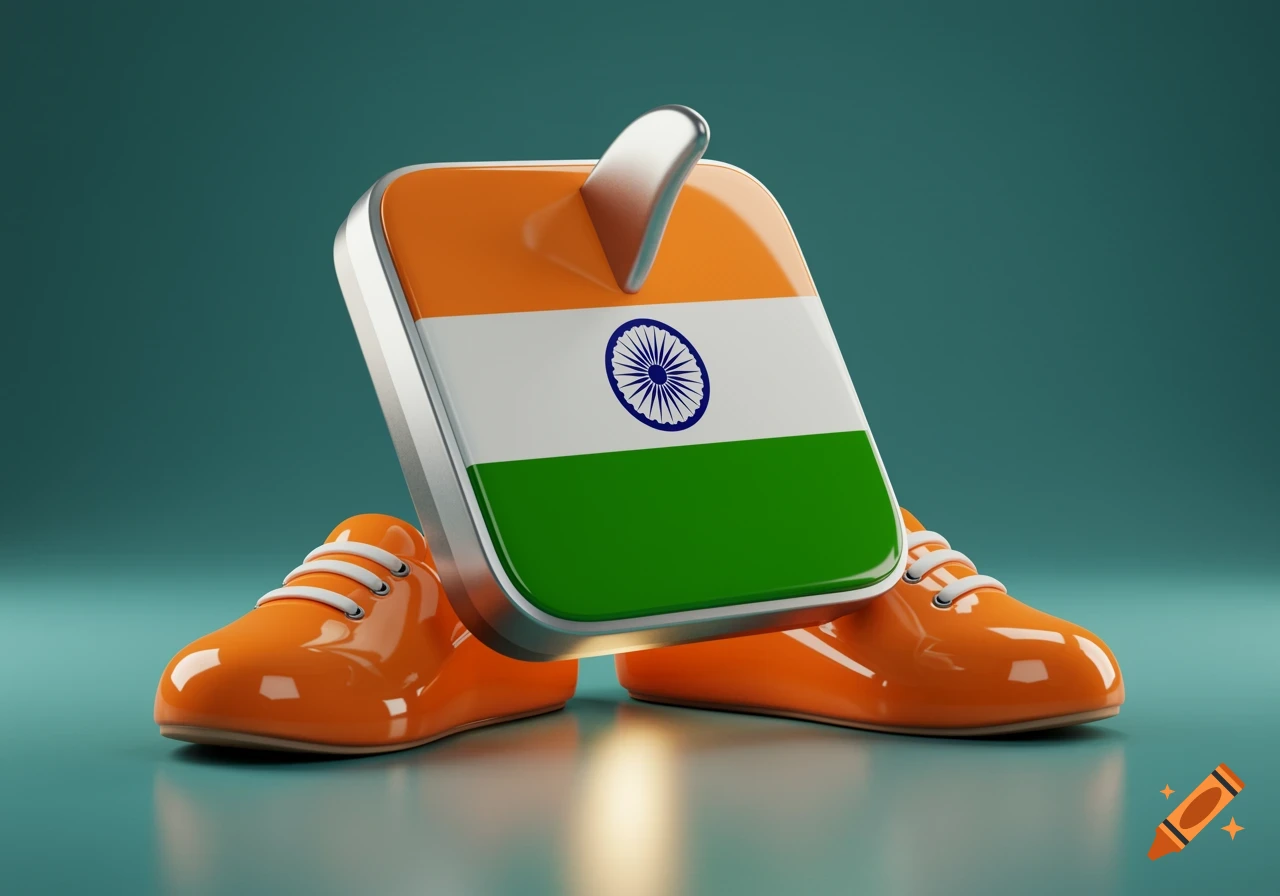 A stylized rectangular object with the Indian flag design stands on two orange cartoonish shoes.