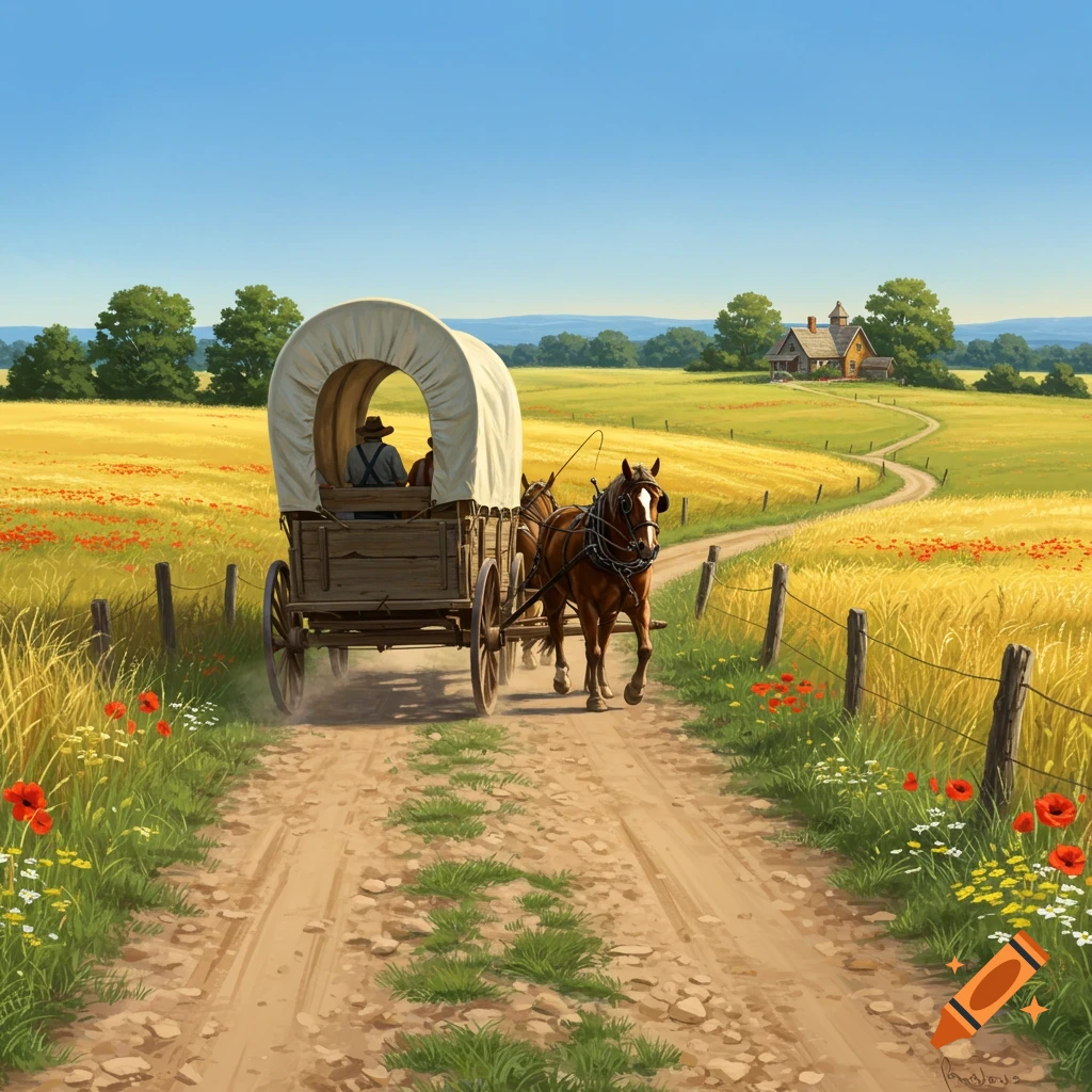 A horse-drawn covered wagon travels down a dirt road through golden fields under a clear blue sky, with a farmhouse in the distance.