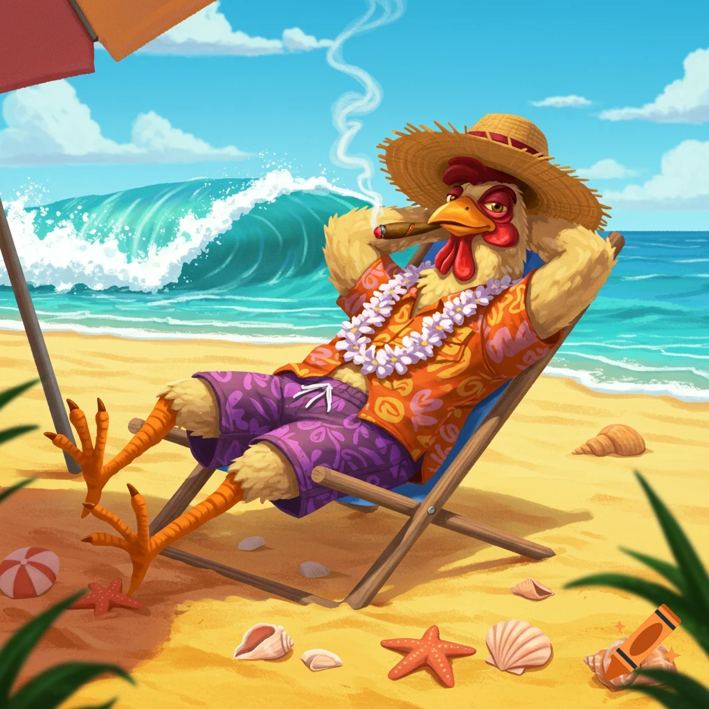 A cartoon chicken wearing a straw hat, Hawaiian shirt, and lei, relaxes in a beach chair, smoking a cigar on a sunny beach with a large wave in the background.