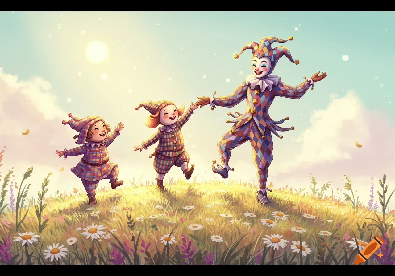 Three happy jester-like figures dance in a sunlit field of daisies and wildflowers, in a whimsical illustration.
