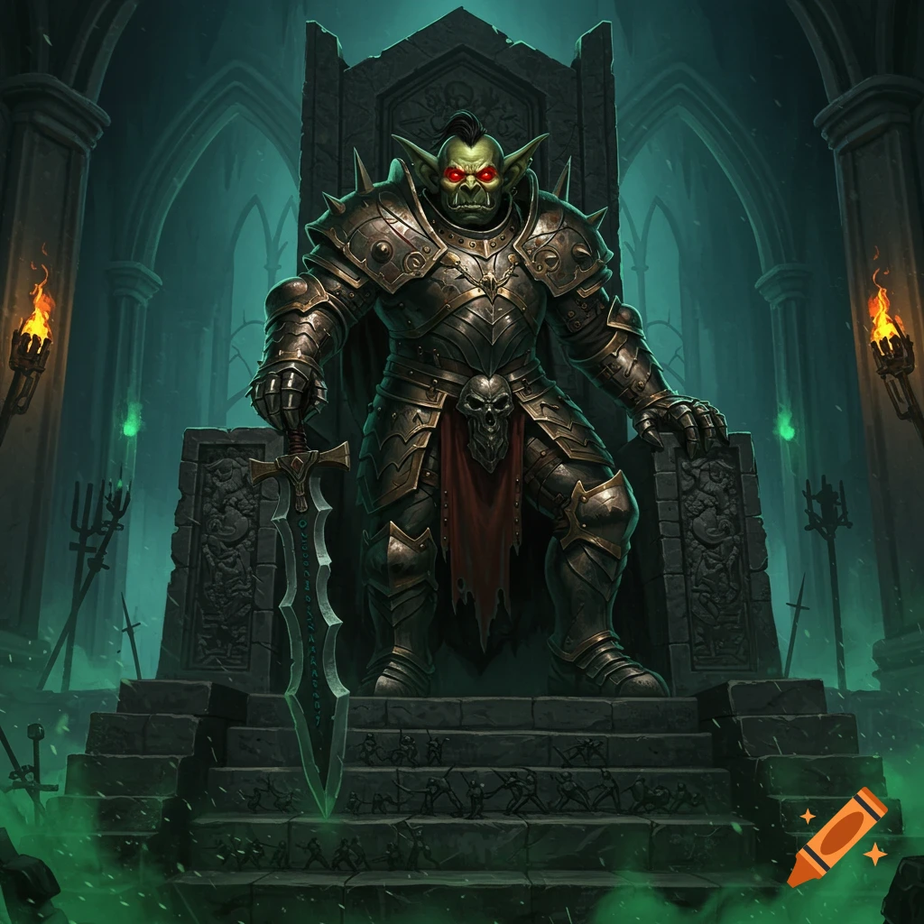 A menacing armored hobgoblin warlord with red eyes sits on a grand throne in a dark, gothic chamber, holding a large sword.