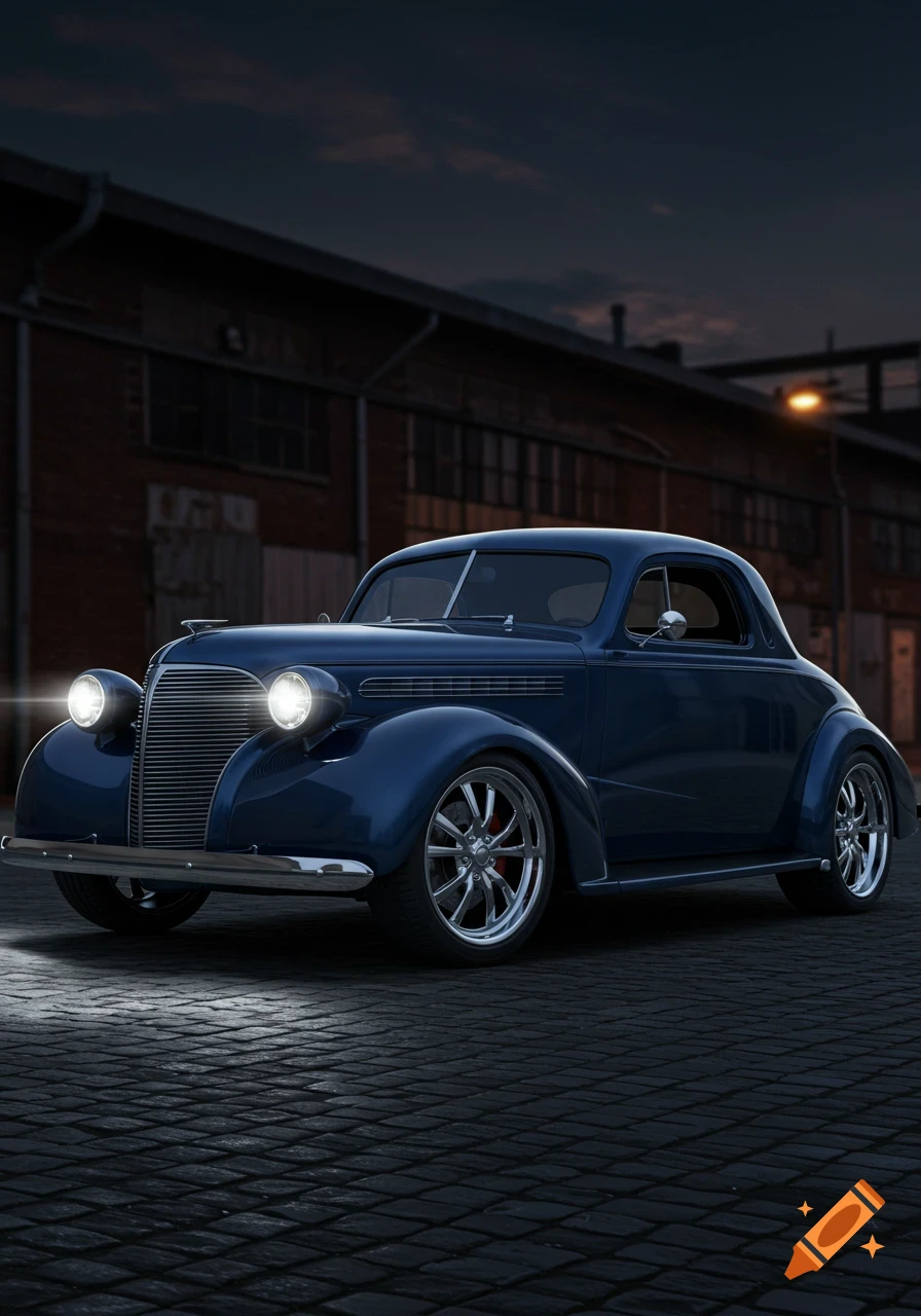 A dark blue 1939 Chevy coupe with custom wheels parked on a cobblestone street at dusk in front of brick buildings.